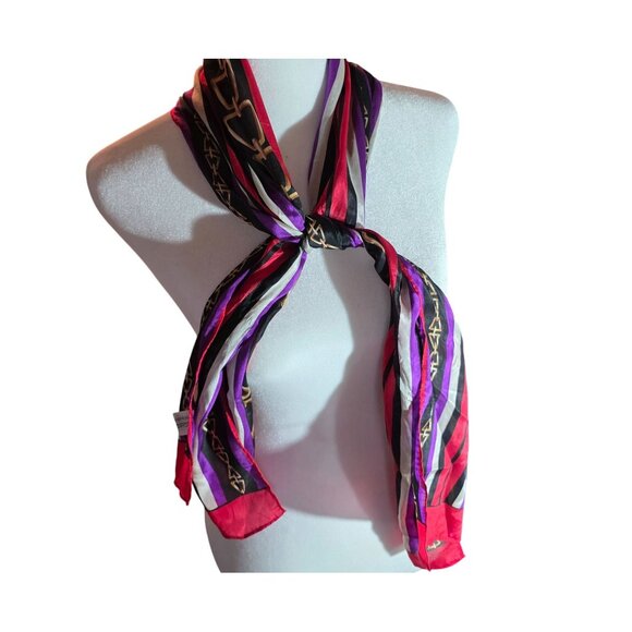 Vtg Echo Silk Scarf Stripes  Gold Buckle chain Design purple red white gold - Picture 1 of 7